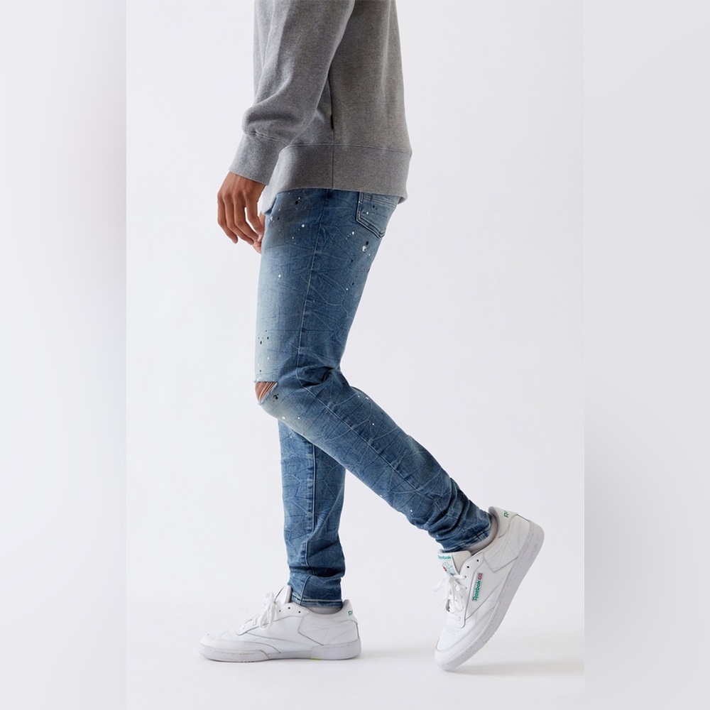 PacSun Mens Blue Ripped Splatter Stacked Skinny Jeans 32x30 - Picture 2 of 9